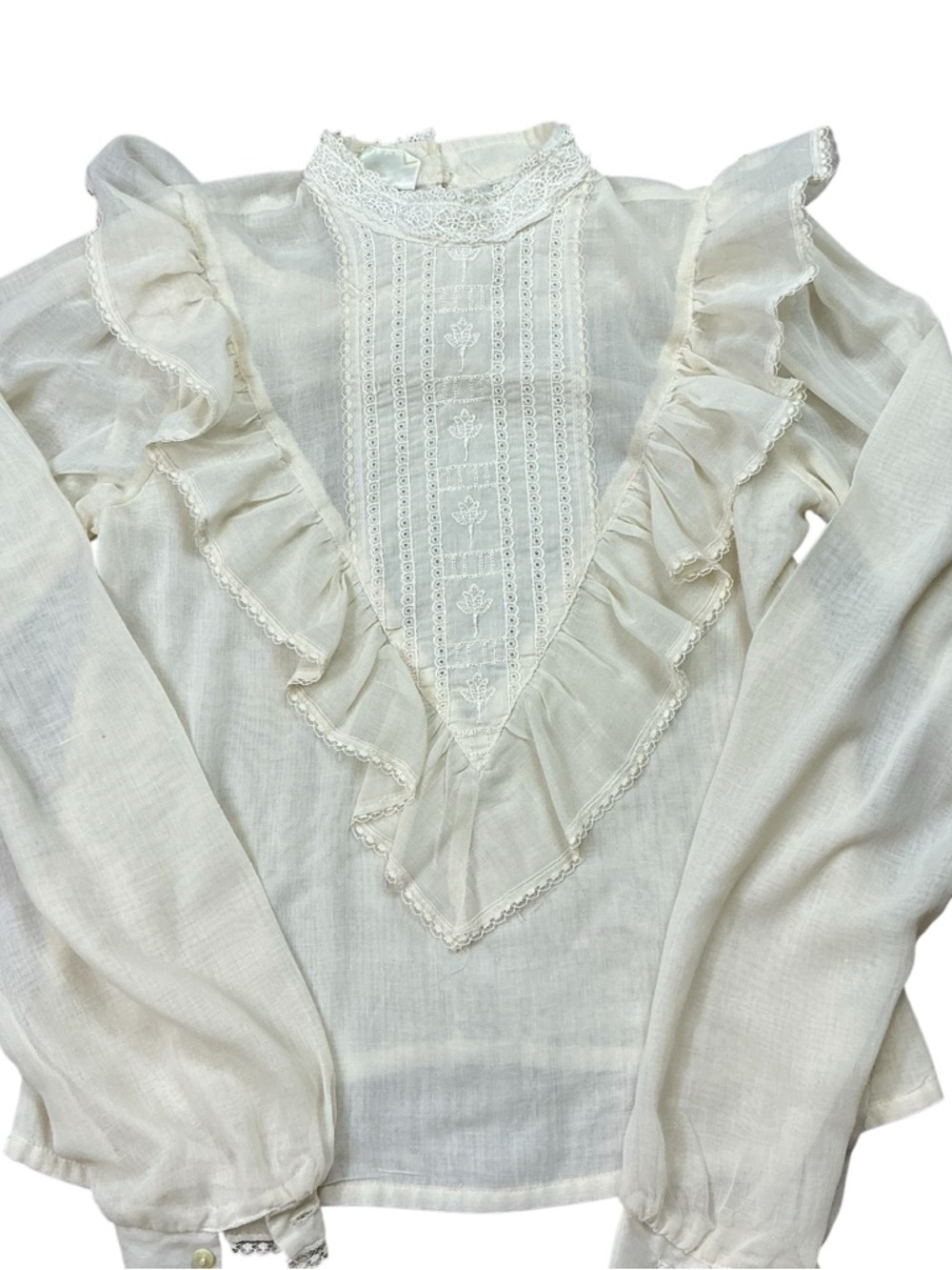 Vintage Gunne Sax 1970s sheer long sleeve  ivory  prairie blouse XS/XXS USA